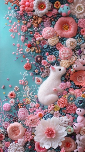 A whimsical scene featuring a white mouse among vibrant flowers and soft pastels. photo