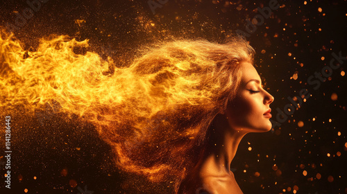 Girl in superhero pose with flowing hair, surrounded by fiery sparks, exuding strength and confidence. captivating image of power and beauty