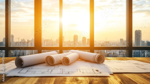 Architectural blueprints on wooden table with sunlight streaming through large industrial windows, illuminating city skyline in background