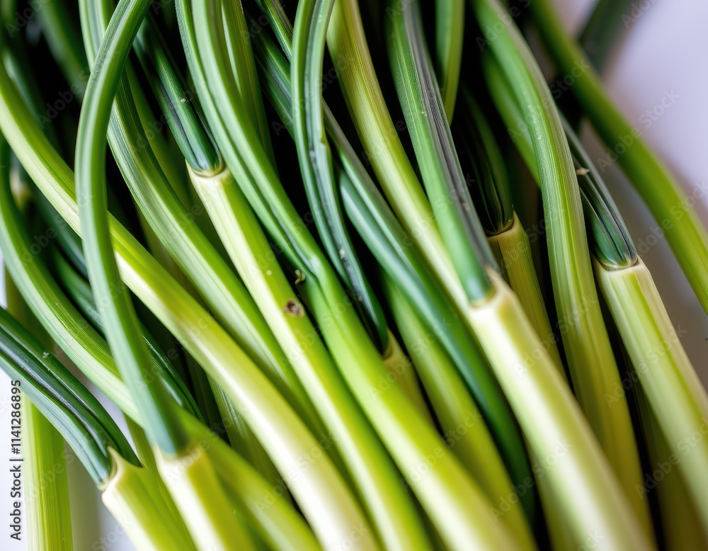Obraz premium Vibrant green scallion bundle takes center stage, slender stems swaying upwards from crisp white background, flecked with a subtle brown dot at its heart
