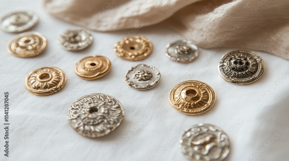 Elegant assortment of metallic buttons in gold and silver hues displayed on a soft fabric background showcasing intricate designs and textures for fashion and craft projects. Elegant assortment of metallic buttons in gold and silver hues displayed on a soft fabric background showcasing intricate designs and textures for fashion and craft projects.