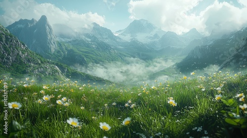 A stunning view of a green valley filled with blooming daisies, surrounded by towering mountains under a clear blue sky. Ideal for nature and landscape designs. AI generated.