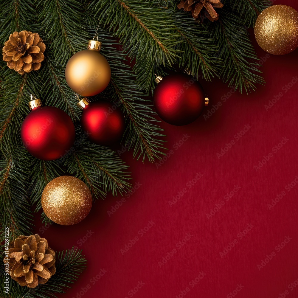 flat lay with pine tree branches with red and golden christmas balls isolated on redflat lay with pine tree branches with red and golden christmas flat lay with pine tree branches with red and golden christmas balls isolated on redflat lay with pine tree branches with red and golden christmas