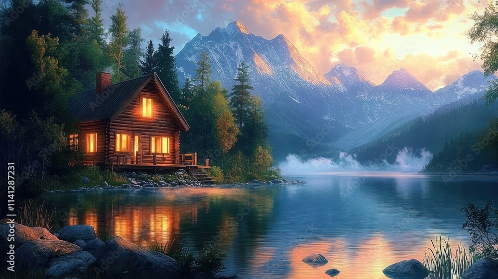Fototapeta premium Cozy Wooden Cabin by the Lake at Twilight Surrounded by Mountains