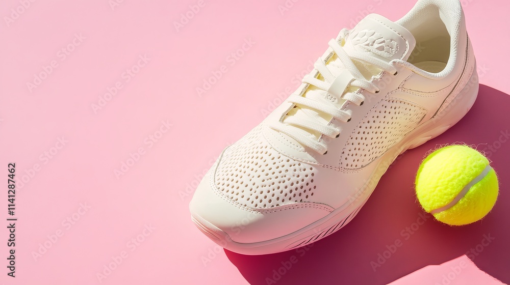 Tennis ball and padel athletic shoe against a pink backdrop. Tennis ball and padel athletic shoe against a pink backdrop.