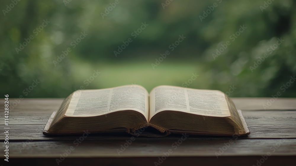 Open Book on Wooden Table, Nature Background Open Book on Wooden Table, Nature Background