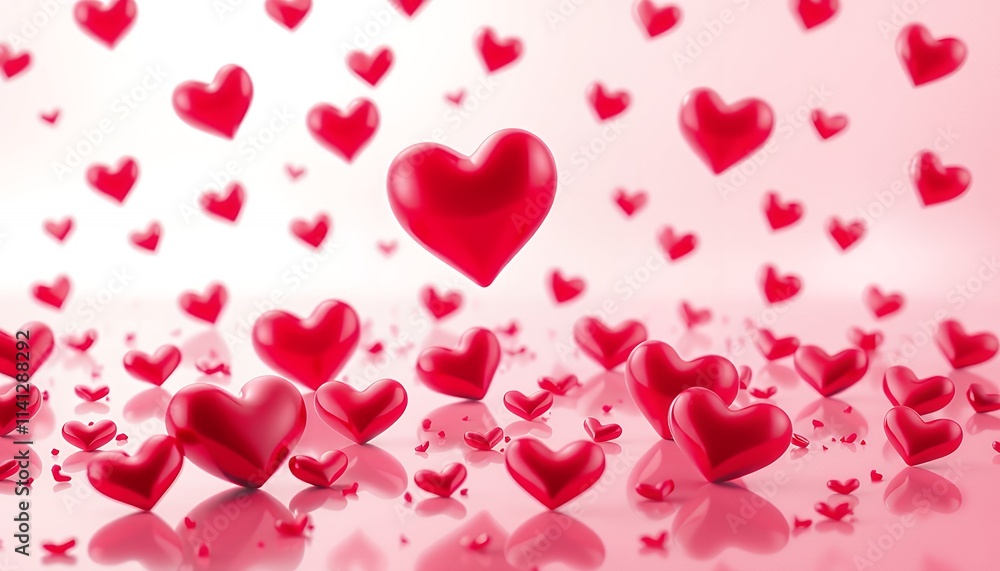 Numerous red hearts float and scatter across a soft pink backdrop, creating a dreamy and romantic atmosphere. Numerous red hearts float and scatter across a soft pink backdrop, creating a dreamy and romantic atmosphere.