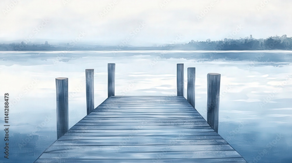 Fototapeta premium Serene Wooden Pier Extending into Tranquil Foggy Lake Surrounded by Lush Forest in Soft Blue and White Tones, Ideal for Peaceful Nature Themes