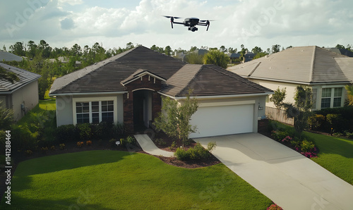 drone flying front of home photo