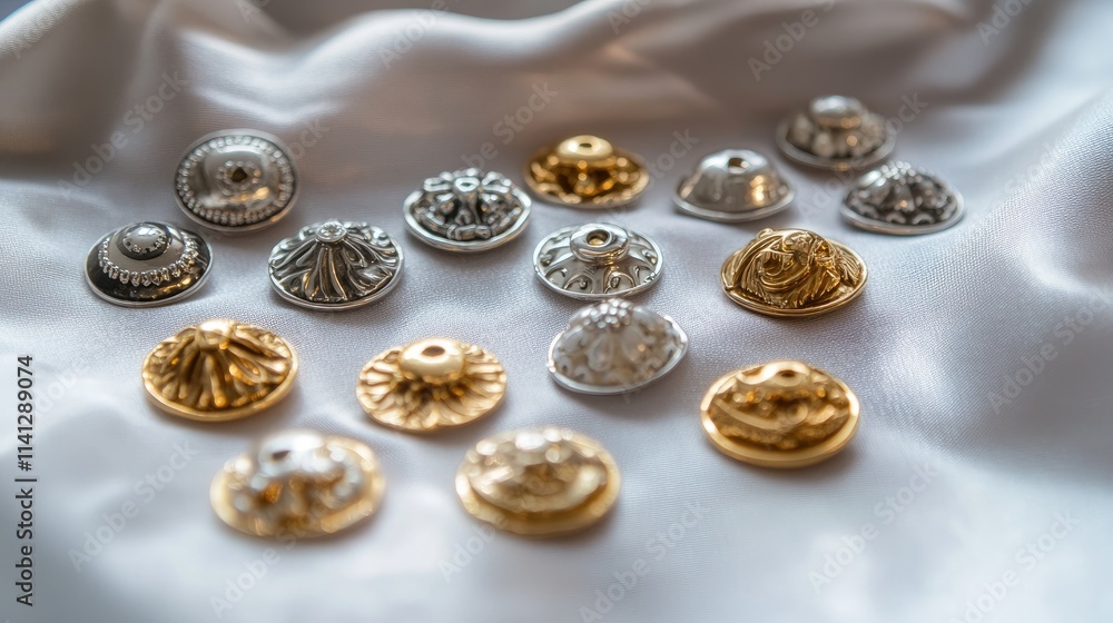 Elegant Collection of Decorative Metal Buttons on Soft Satin Fabric in Various Shapes and Finishes for Tailoring and Fashion Design Projects Elegant Collection of Decorative Metal Buttons on Soft Satin Fabric in Various Shapes and Finishes for Tailoring and Fashion Design Projects