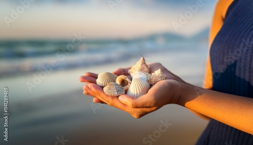 Woman's hand holding seashells on a sunny beach in summer  
