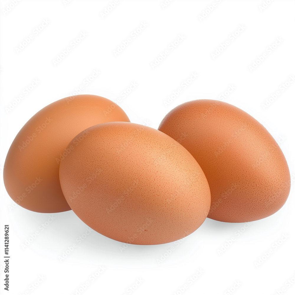 Three brown chicken eggs resting on white background
