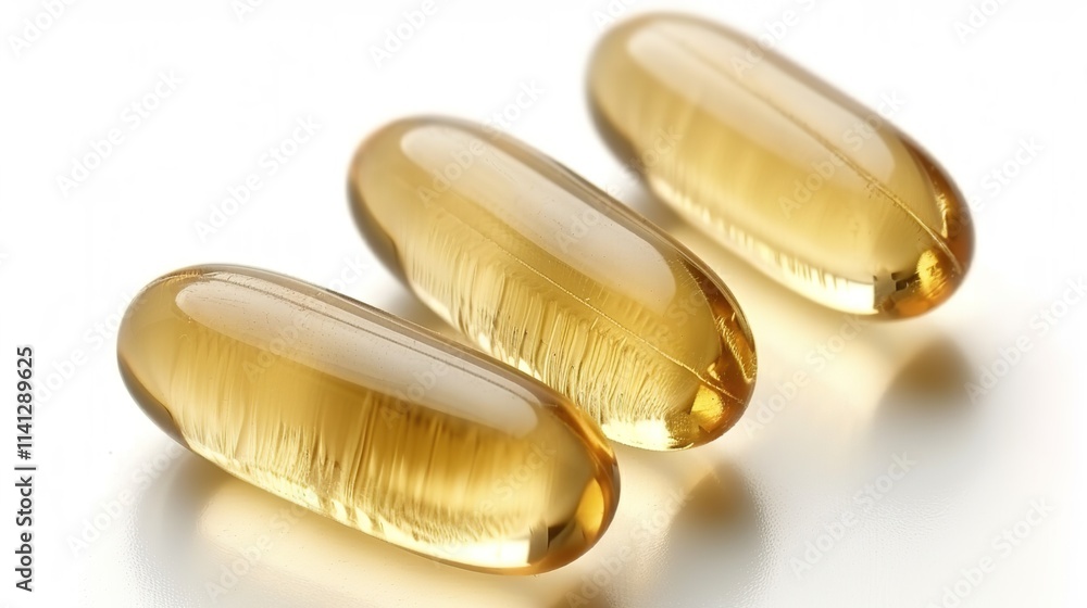 The Prominent Omega 3 Capsules Isolated on White Background: A Visual Representation of Nutritional Essentials. The Prominent Omega 3 Capsules Isolated on White Background: A Visual Representation of Nutritional Essentials.