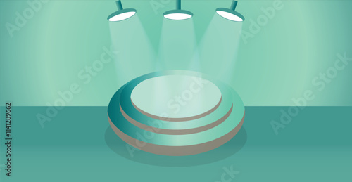 A single jade-colored podium is being spotlit by three lights.