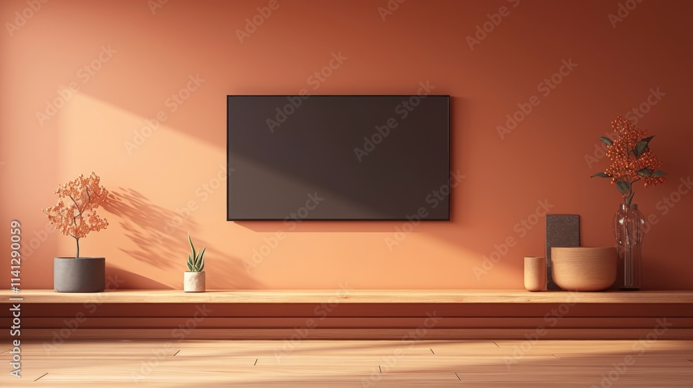 Interior of a room with an empty TV cabinet against a peach fuzz wall. Modern design featuring brown wooden furniture and shelf mockup for television. Interior of a room with an empty TV cabinet against a peach fuzz wall. Modern design featuring brown wooden furniture and shelf mockup for television.