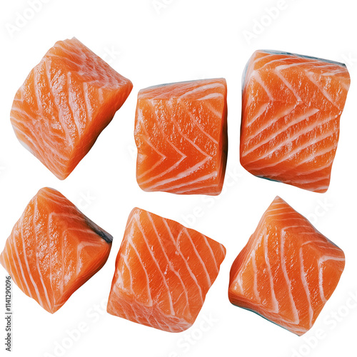 Fresh salmon cubes floating on transparent background
