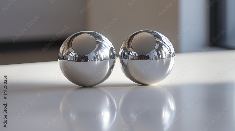 Two Polished Metal Spheres on a White Surface Two Polished Metal Spheres on a White Surface
