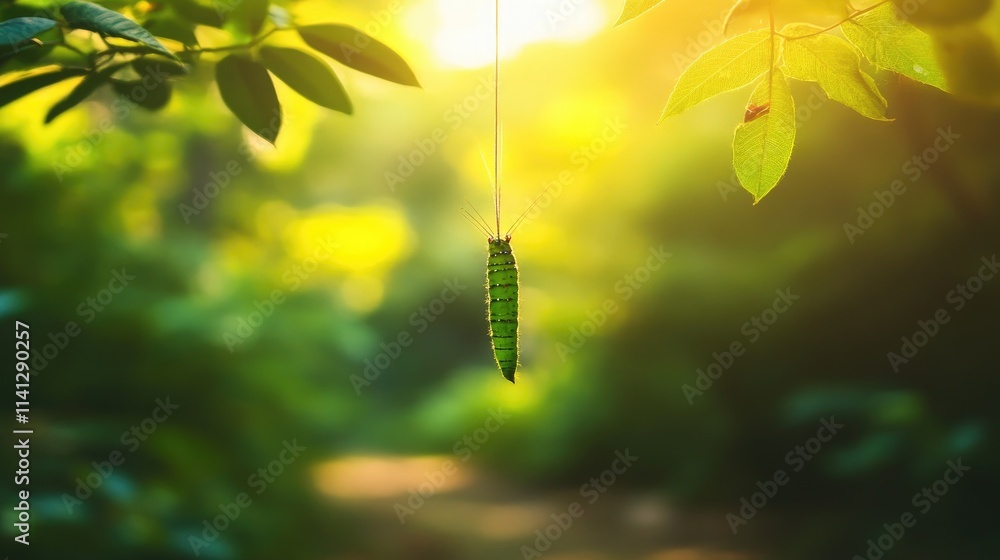 Fototapeta premium Beautiful Green Caterpillar Hanging from a Leaf in a Sunlit Forest, Symbolizing Transformation and Nature's Wonders in a Tranquil Outdoor Setting
