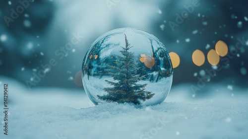 Christmas tree in glass ball on snow. Glitter lightsChristmas tree in glass ball on snow. Glitter lights photo