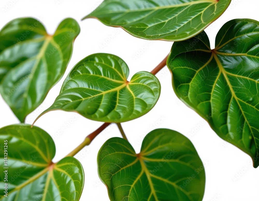 Naklejka premium Delicate green heart-shaped leaves unfurl from a slender stem, their tender tips reaching upwards in lush profusion
