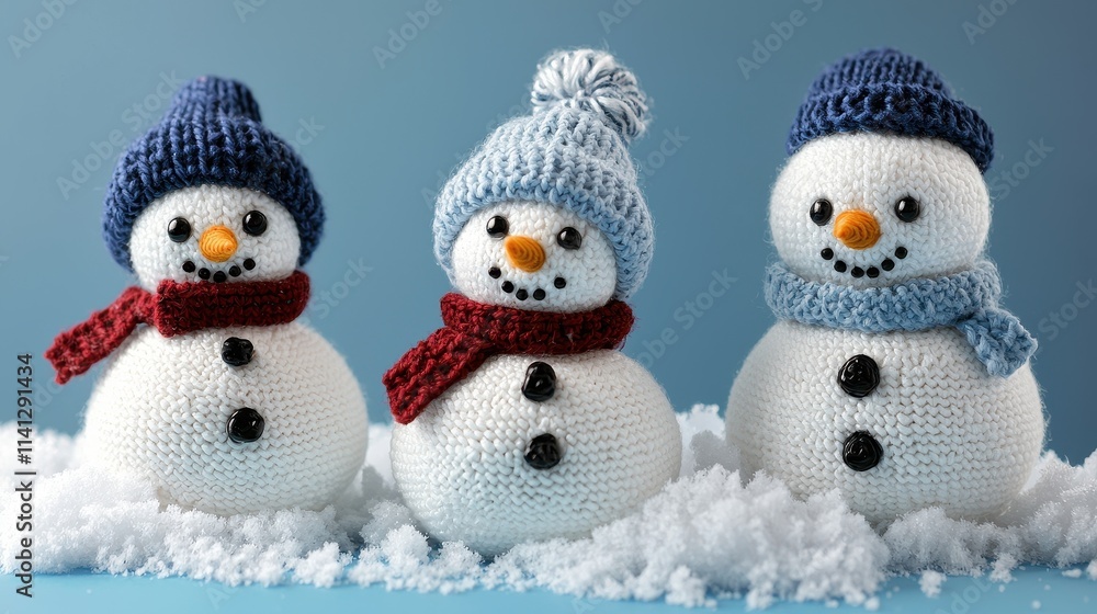 little knitted snowmans on soft snow on blue backgroundlittle knitted snowmans on soft snow on blue background little knitted snowmans on soft snow on blue backgroundlittle knitted snowmans on soft snow on blue background