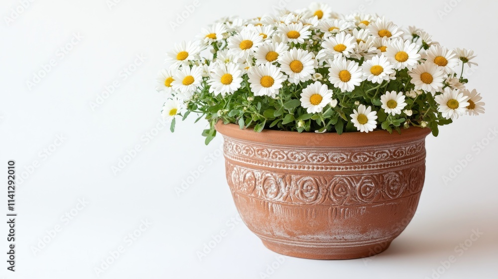 Bright and Cheerful Pot of White Daisies with Yellow Centers Displayed Elegantly Against a Neutral Background in a Decorative Clay Planter Bright and Cheerful Pot of White Daisies with Yellow Centers Displayed Elegantly Against a Neutral Background in a Decorative Clay Planter