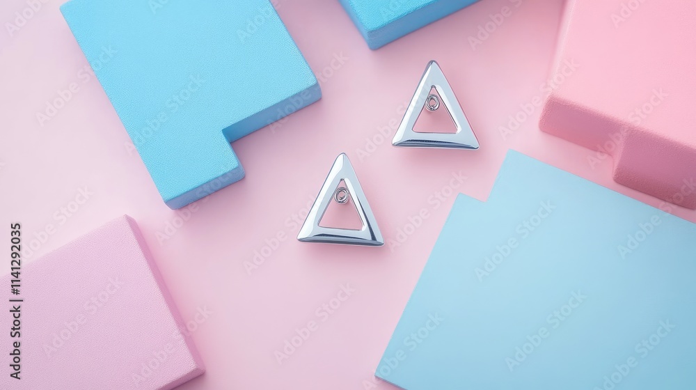 Modern geometric shapes and stylish metallic earrings on a pastel colored background, showcasing a contemporary fashion design in a creative flat lay setup