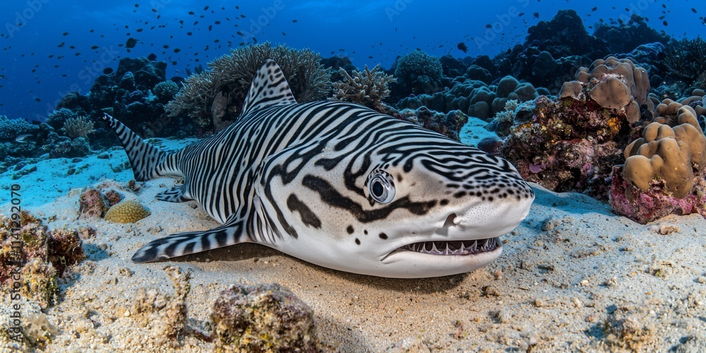 Fototapeta premium Zebra Shark on Coral Reef Seabed Underwater Wildlife