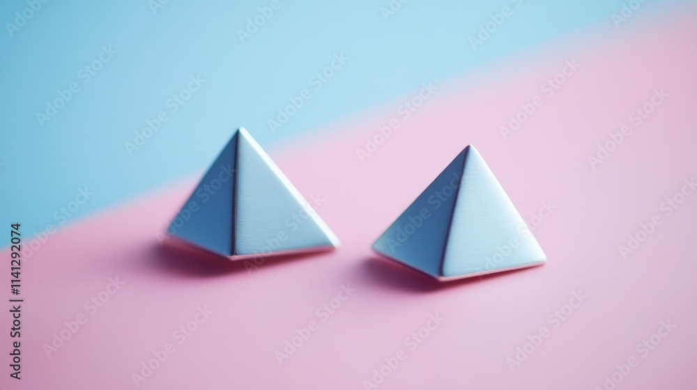 Two Geometric Pyramids on a Dual Color Background of Pastel Pink and Blue Surfaces Offering a Modern Aesthetic for Creative Projects and Designs Two Geometric Pyramids on a Dual Color Background of Pastel Pink and Blue Surfaces Offering a Modern Aesthetic for Creative Projects and Designs