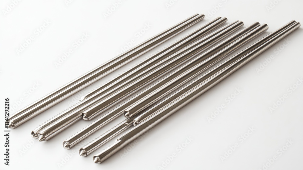 A Collection of Sleek, Polished Metal Tubes Arranged on a Clean White Surface, Ideal for Industrial and Creative Design Applications A Collection of Sleek, Polished Metal Tubes Arranged on a Clean White Surface, Ideal for Industrial and Creative Design Applications