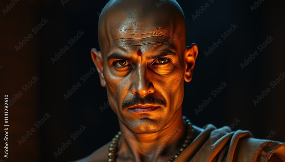 Dramatically lit portrait of a bald man with a serious expression and traditional forehead markings. The warm orange light creates an intense and spiritual mood. Dramatically lit portrait of a bald man with a serious expression and traditional forehead markings. The warm orange light creates an intense and spiritual mood.