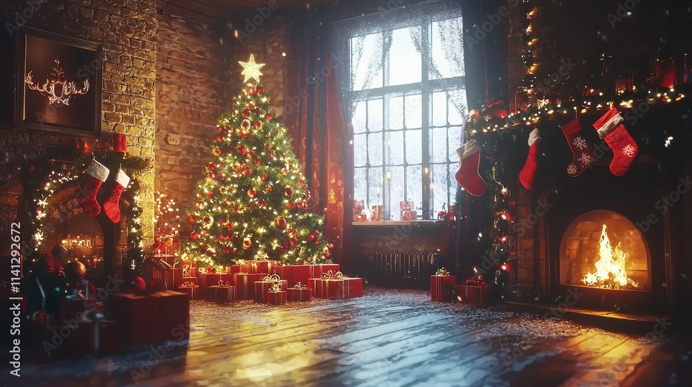 Obraz premium interior christmas. magic glowing tree, fireplace, giftsinterior christmas. magic glowing tree, fireplace, gifts
