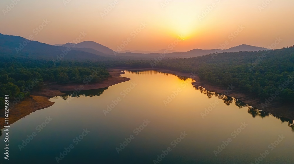 Fototapeta premium Serene Sunset Over Tranquil River Reflecting Mountains and Lush Greenery in a Peaceful Landscape of Nature's Beauty and Harmony