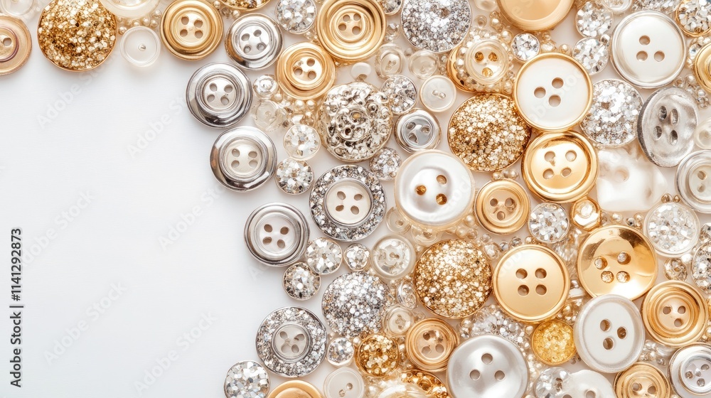 A Beautiful Collection of Shiny Buttons in Different Shapes and Sizes Featuring Gold, Silver, and White Shades Ideal for Crafting and Design Projects A Beautiful Collection of Shiny Buttons in Different Shapes and Sizes Featuring Gold, Silver, and White Shades Ideal for Crafting and Design Projects