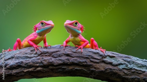 Two vibrant lizards with pink and yellow hues perched on a textured branch, showcasing nature's beauty. photo