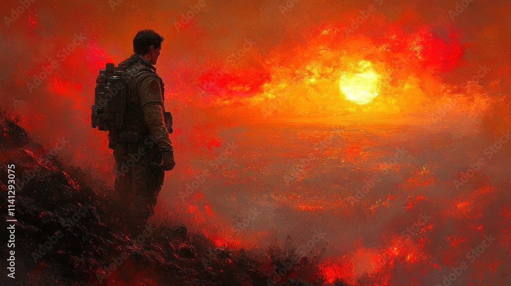 A lone figure stands against a fiery sunset, evoking themes of isolation and resilience. A lone figure stands against a fiery sunset, evoking themes of isolation and resilience.