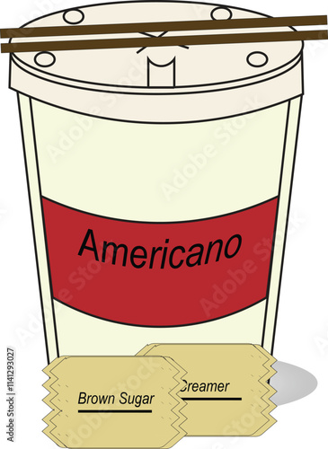One medium-sized plastic cup of Americano coffee with two packets of brown sugar and creamer, served with a long, thin straw.