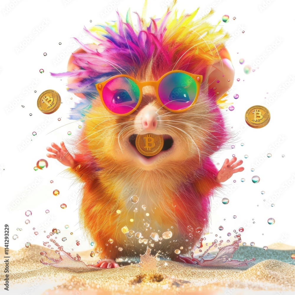 Cute hamster with colorful hair celebrates with bitcoin coins on a sandy beach Cute hamster with colorful hair celebrates with bitcoin coins on a sandy beach