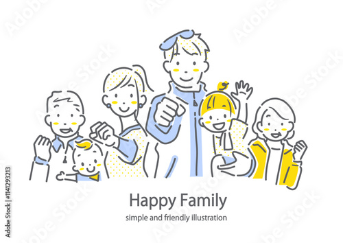 運動をして健康を維持する三世代ファミリー　シンプルでお洒落な線画イラスト