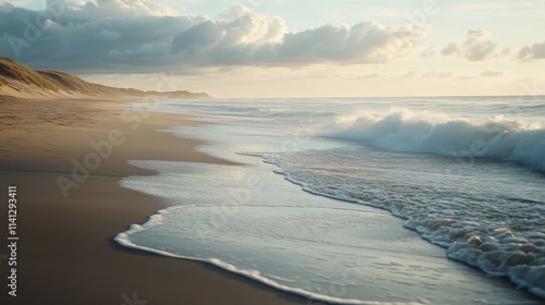 Serene coastal scene at sunset, waves gently lapping sandy shore.