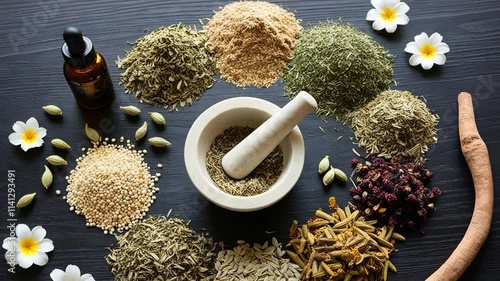 Herbs, seeds and roots. The colors and textures suggest essential oils or tinctures. The layout is balanced. The overall tone is about herbal remedies.   