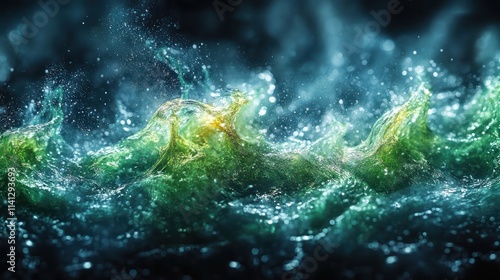 Abstract swirling green and blue water waves with splashes.