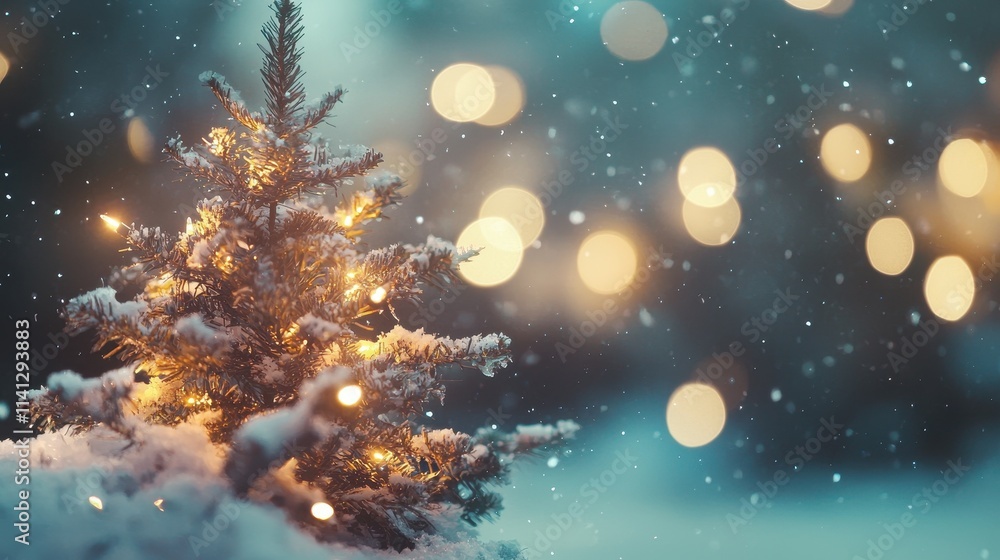 Naklejka premium Christmas tree outdoor with snow, lights bokeh around, and snow falling, Christmas atmosphere.