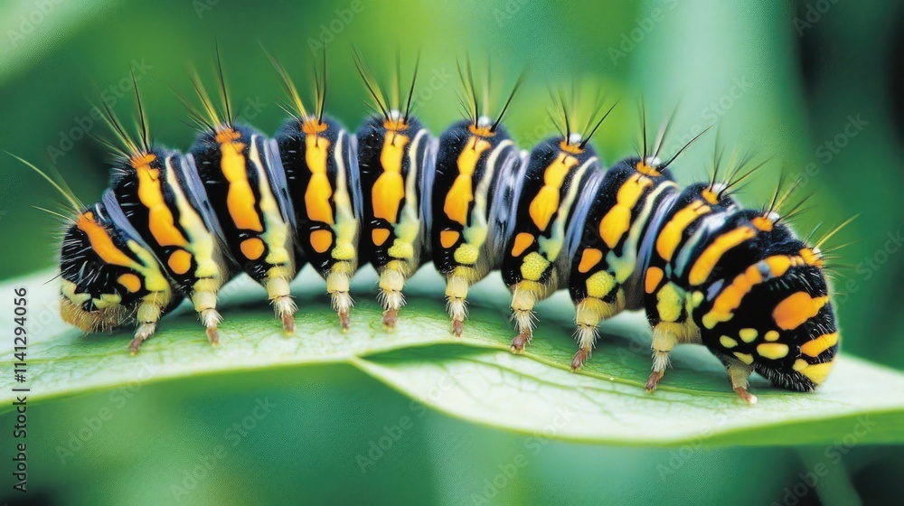 Close-up of a vibrant, colorful caterpillar resting on a green leaf, showcasing intricate patterns and textures of nature in a lush environment Close-up of a vibrant, colorful caterpillar resting on a green leaf, showcasing intricate patterns and textures of nature in a lush environment