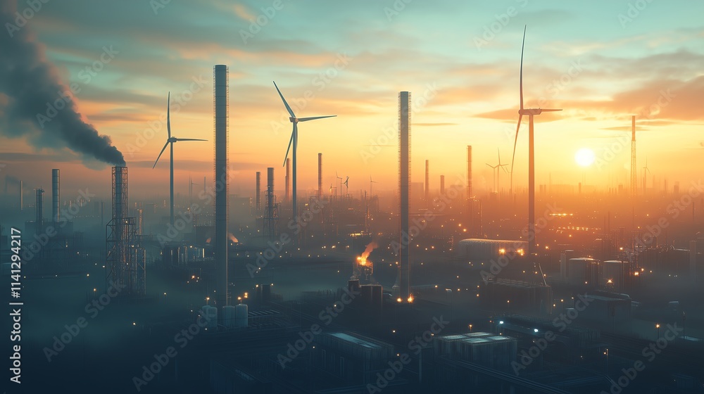 A bustling industrial zone featuring sleek wind turbines and steel structures under a clear sky, symbolizing the integration of clean energy initiatives. A bustling industrial zone featuring sleek wind turbines and steel structures under a clear sky, symbolizing the integration of clean energy initiatives.