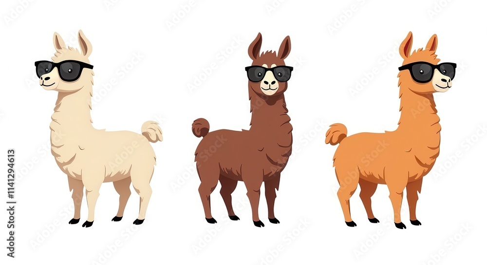 Fototapeta premium Charming Llamas in Sunglasses Illustration - Fun Cartoon Collection for Children's Projects and Designs