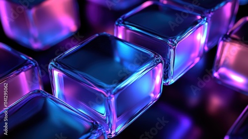 Abstract Glass Square Composition with Neon Lights in Dark Background photo