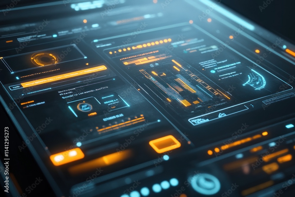 Futuristic digital interface with glowing HUD elements. Futuristic digital interface with glowing HUD elements.
