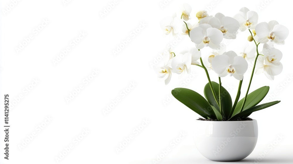 Elegant white orchid blossoms in a modern round pot, showcasing delicate petals and lush green leaves on a clean, minimalist background for interior decoration Elegant white orchid blossoms in a modern round pot, showcasing delicate petals and lush green leaves on a clean, minimalist background for interior decoration