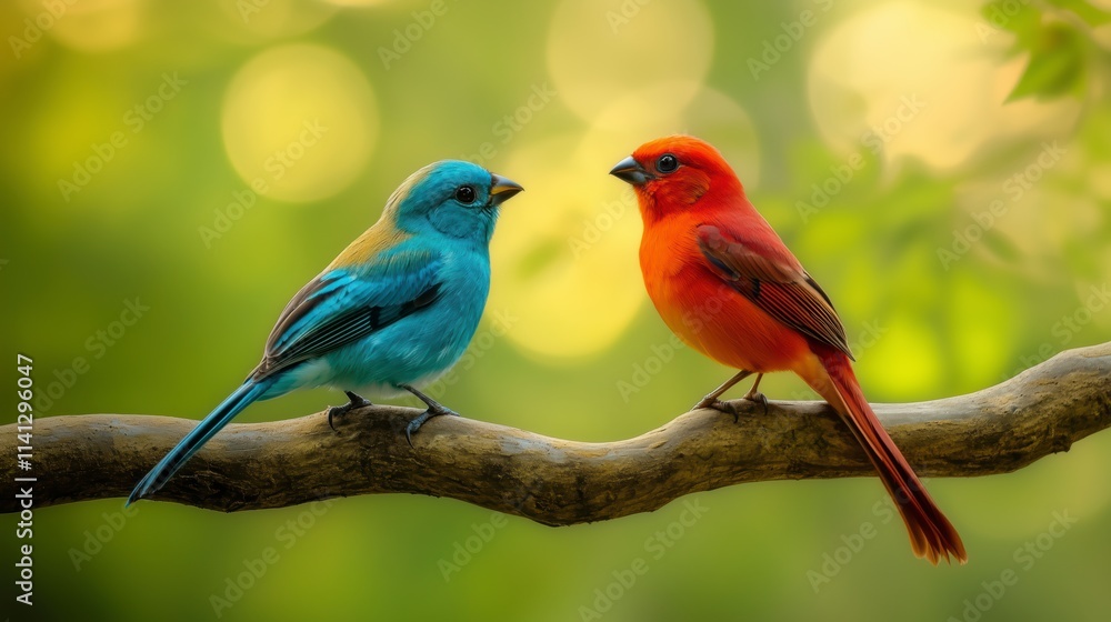 A vibrant blue bird and a striking red bird sit on a branch, surrounded by greenery. A vibrant blue bird and a striking red bird sit on a branch, surrounded by greenery.